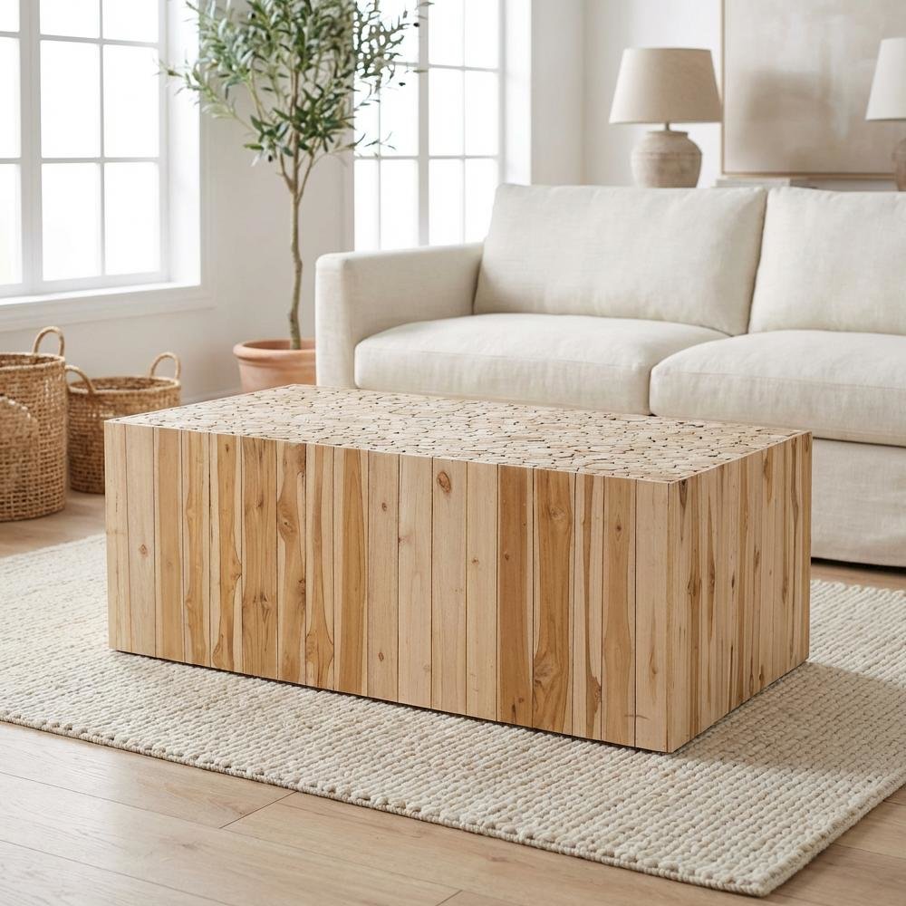 Authentic Brown Teak Wood Coffee Table with Repurposed Wood Logs and Solid Frame