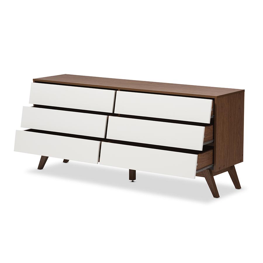 Hildon Mid-Century Modern White and Walnut Wood 6-Drawer Storage Dresser