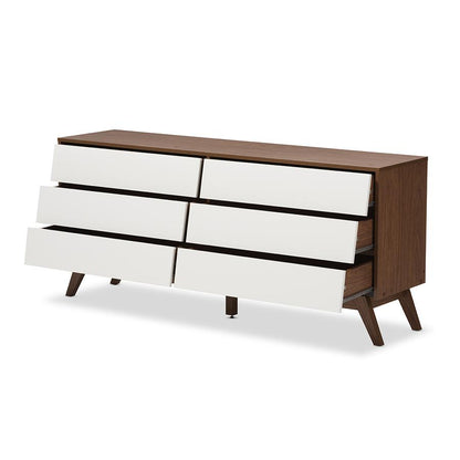 Hildon Mid-Century Modern White and Walnut Wood 6-Drawer Storage Dresser