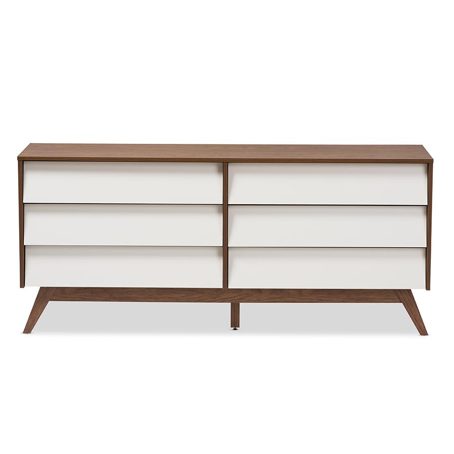 Hildon Mid-Century Modern White and Walnut Wood 6-Drawer Storage Dresser