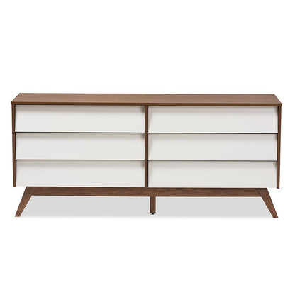Hildon Mid-Century Modern White and Walnut Wood 6-Drawer Storage Dresser