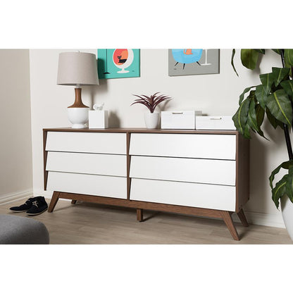 Hildon Mid-Century Modern White and Walnut Wood 6-Drawer Storage Dresser