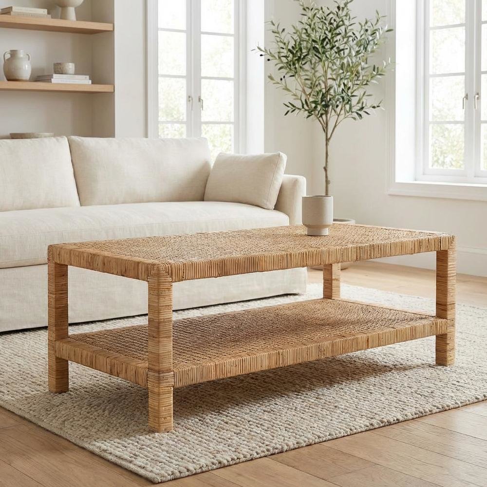 Light Honey Rattan and Mahogany Wood Coffee Table with Rattan-accent Frame