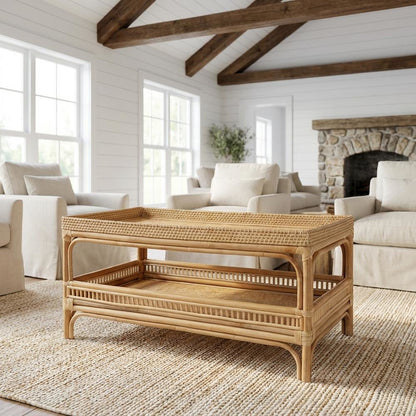 Genuine Brown Rattan Coffee Table with MDF Top and Bohemian Design