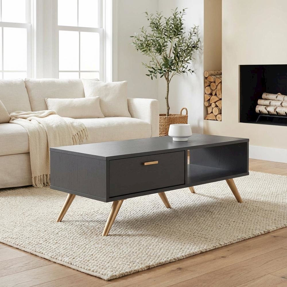 Dark Grey Wood Coffee Table with Gold Finish and Contemporary Design
