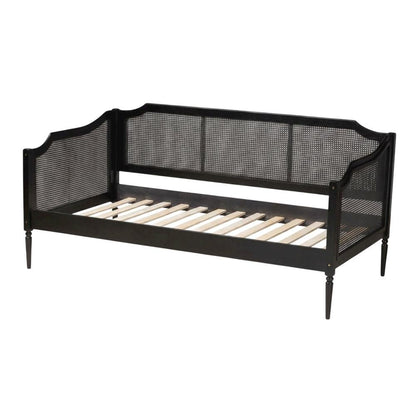 Mid-Century Wood and Synthetic Rattan Twin Daybed Frame, Black/Charcoal