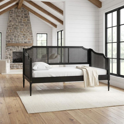Mid-Century Wood and Synthetic Rattan Twin Daybed Frame, Black/Charcoal