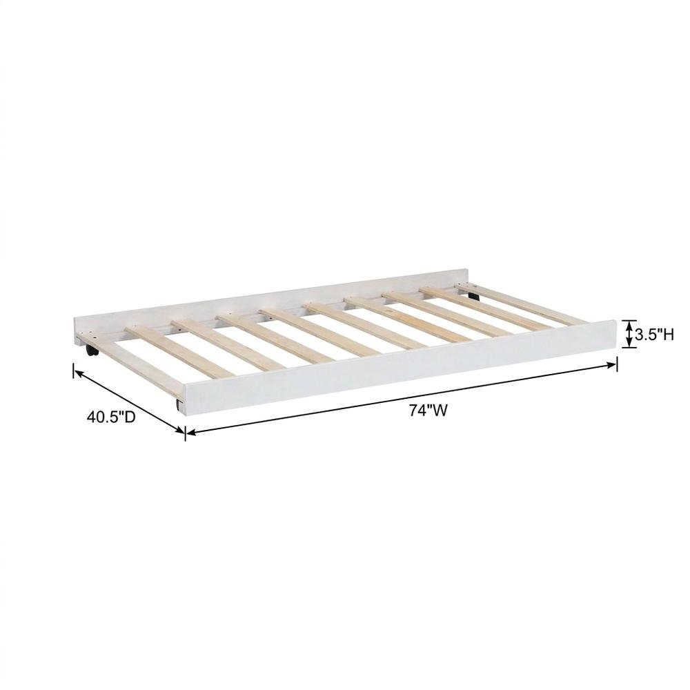 Solid Rubberwood Low-Profile Rolling Twin Trundle Bed Frame Only, White