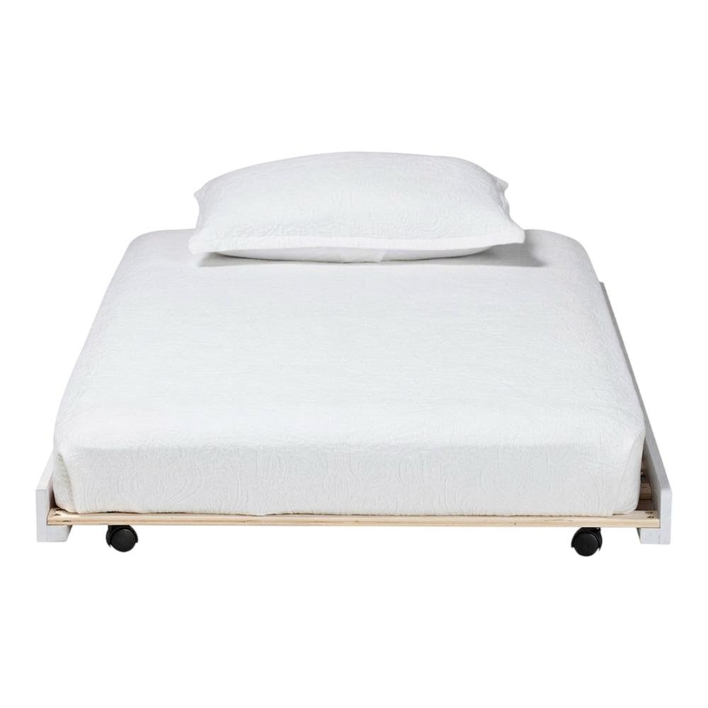 Solid Rubberwood Low-Profile Rolling Twin Trundle Bed Frame Only, White