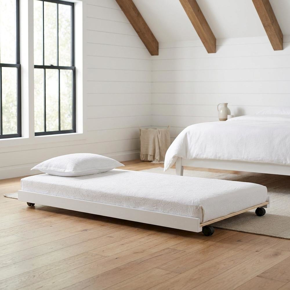 Solid Rubberwood Low-Profile Rolling Twin Trundle Bed Frame Only, White