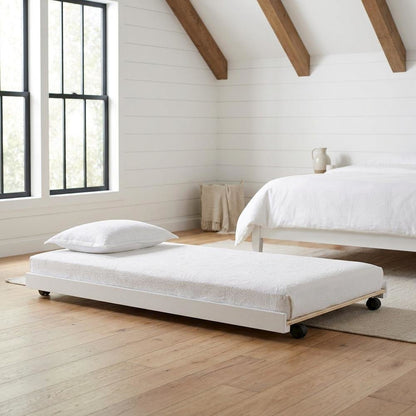 Solid Rubberwood Low-Profile Rolling Twin Trundle Bed Frame Only, White
