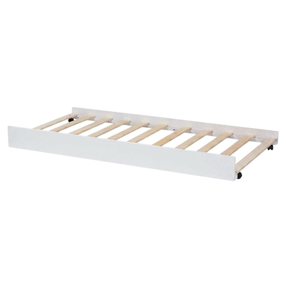 Solid Rubberwood Low-Profile Rolling Twin Trundle Bed Frame Only, White