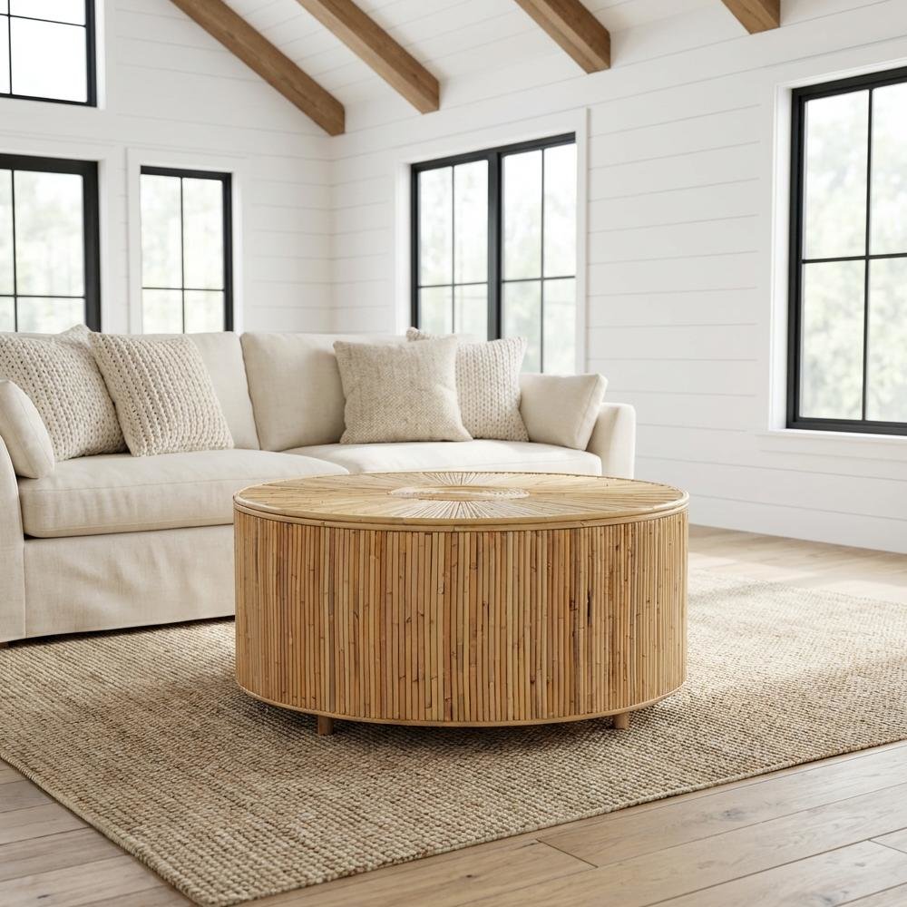 Light Honey Rattan Coffee Table with Laminated Frame and Rattan Pole Legs