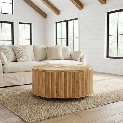 Light Honey Rattan Coffee Table with Laminated Frame and Rattan Pole Legs