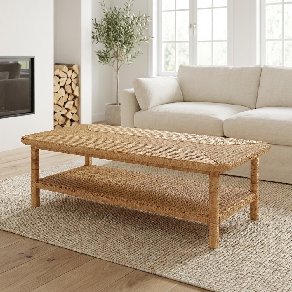 Light Honey Braided Rattan Coffee Table with Mahogany Bohemian Style