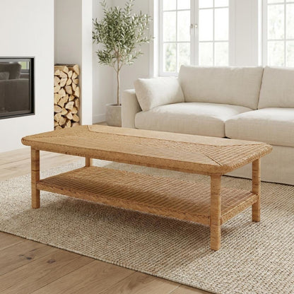 Light Honey Braided Rattan Coffee Table with Mahogany Bohemian Style
