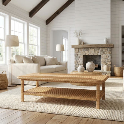 Light Honey Braided Rattan Coffee Table with Mahogany Bohemian Style