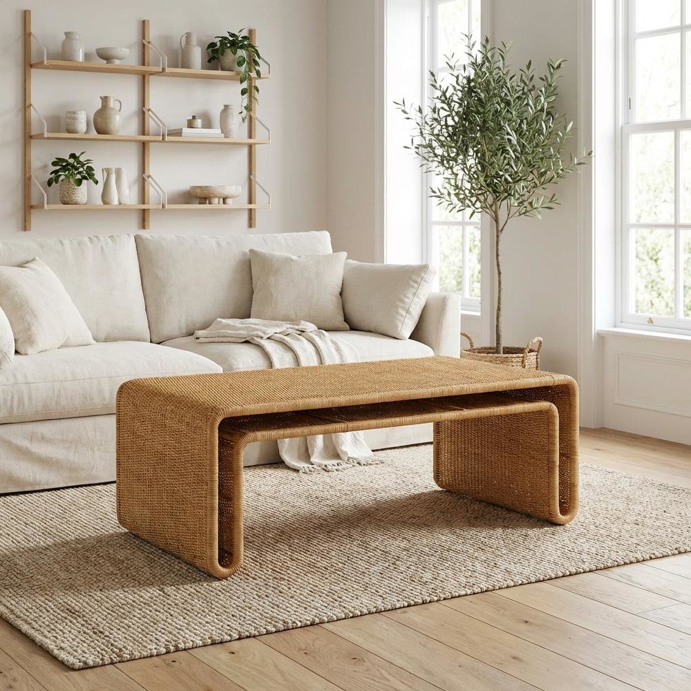 Light Honey Rattan Coffee Table with Genuine Rattan Legs Bohemian Style