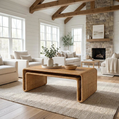 Light Honey Rattan Coffee Table with Genuine Rattan Legs Bohemian Style