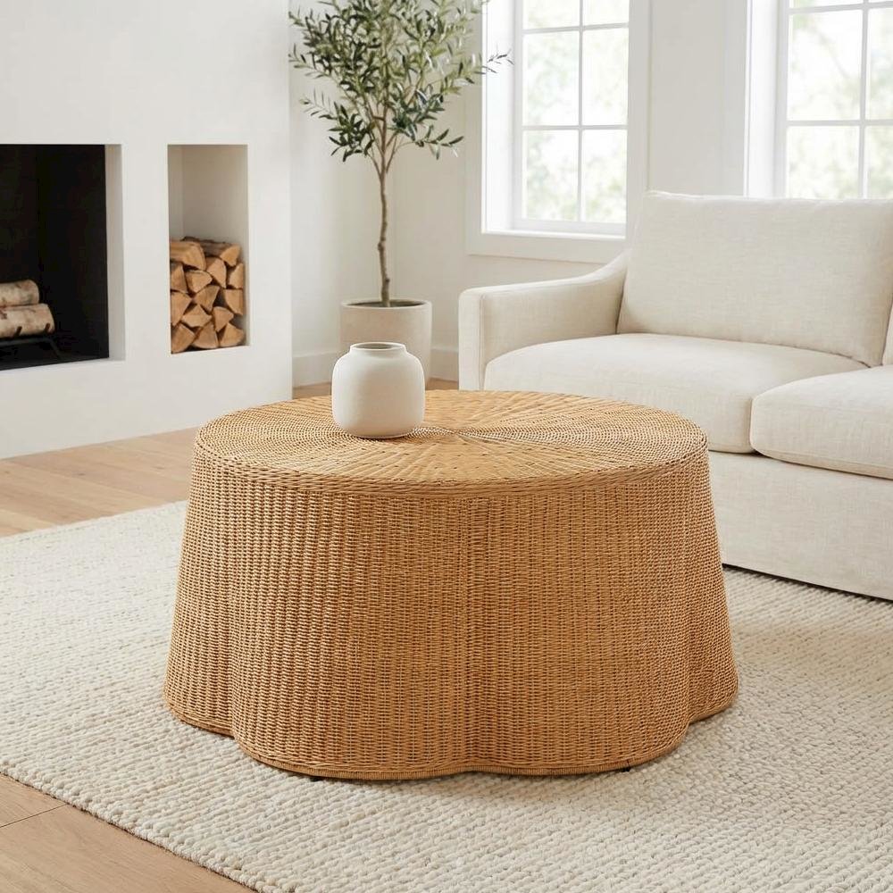 Honey Rattan Coffee Table with Metal Frame Bohemian Style Warm Accent
