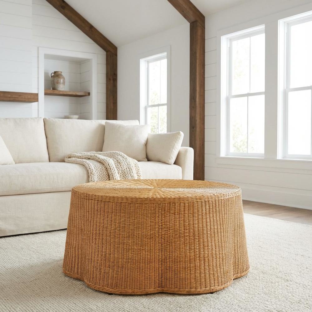 Honey Rattan Coffee Table with Metal Frame Bohemian Style Warm Accent