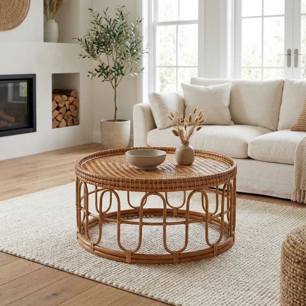Light Honey Rattan Coffee Table with Real Plywood Top Bohemian Style