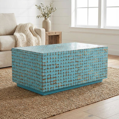 Blue Coconut Shell Coffee Table with Acacia Wood Frame and Durable Finish