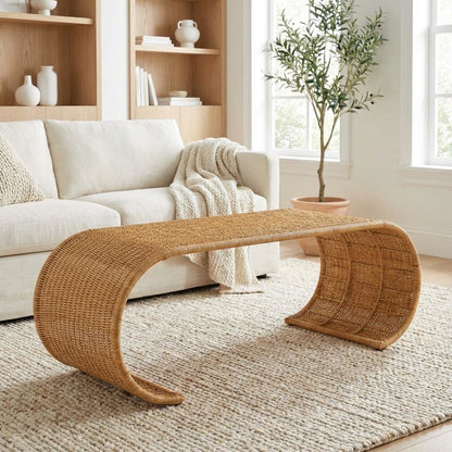 Genuine Rattan Coffee Table with Handwoven Wicker Top and Metal Frame