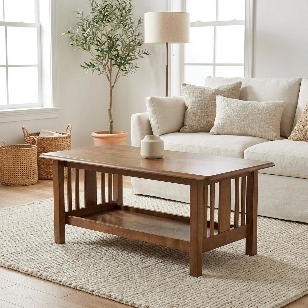 Rectangular Brown Rubberwood Coffee Table with Transitional Style