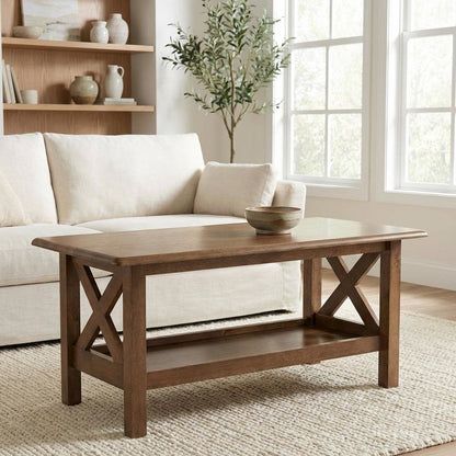 Walnut Brown Rectangular Coffee Table with Rubberwood Frame, Transitional Design