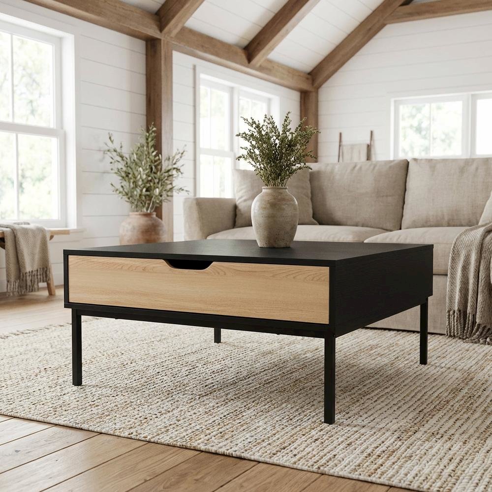 Two-Tone Oak Brown and Black Coffee Table with Metal Legs and Modern Design