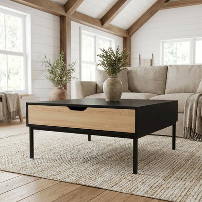Two-Tone Oak Brown and Black Coffee Table with Metal Legs and Modern Design