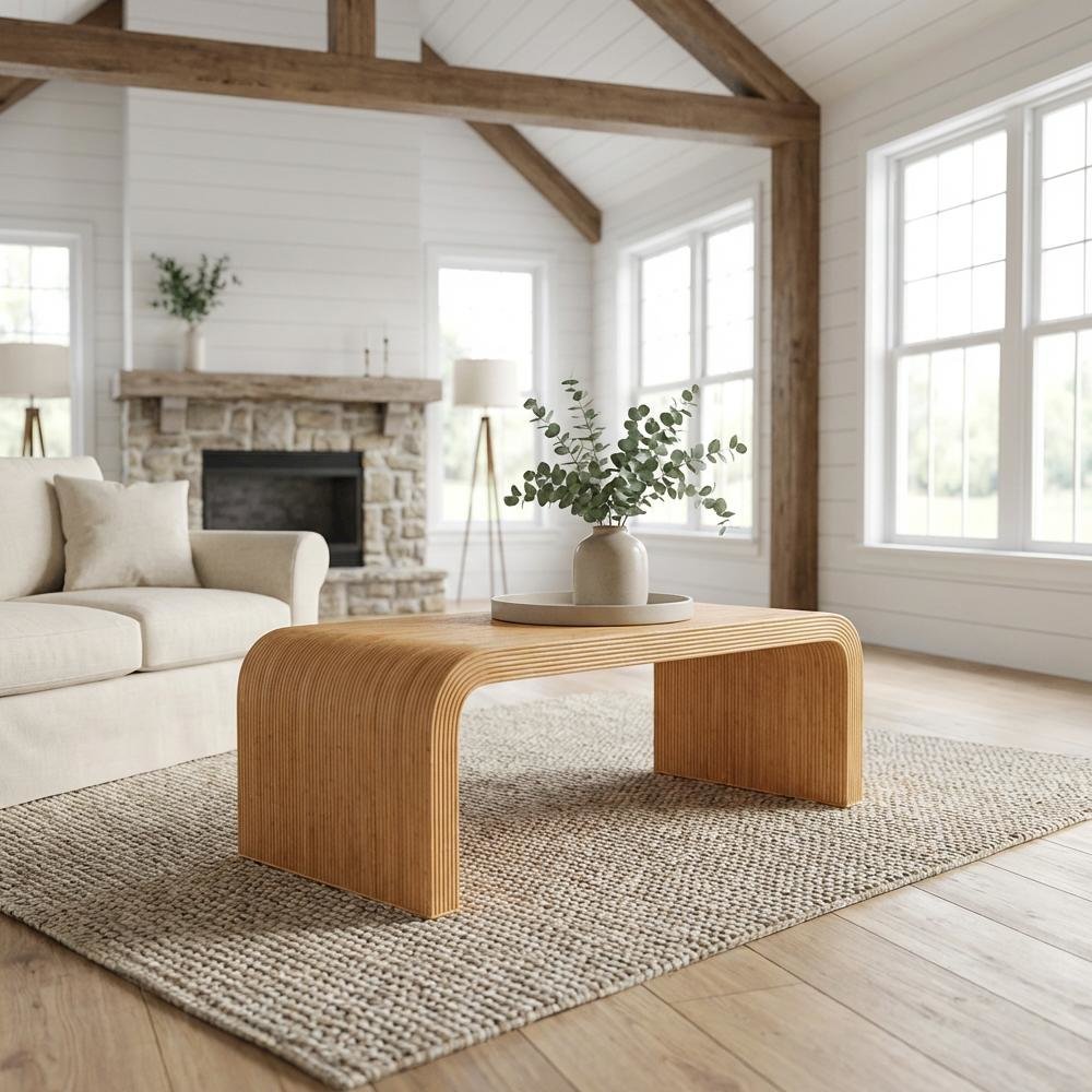 Light Honey Rattan Coffee Table with Fluted Design and Laminated Legs