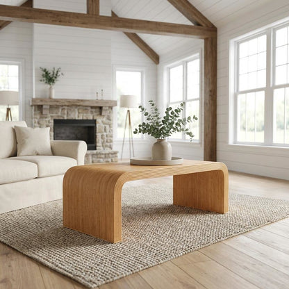 Light Honey Rattan Coffee Table with Fluted Design and Laminated Legs