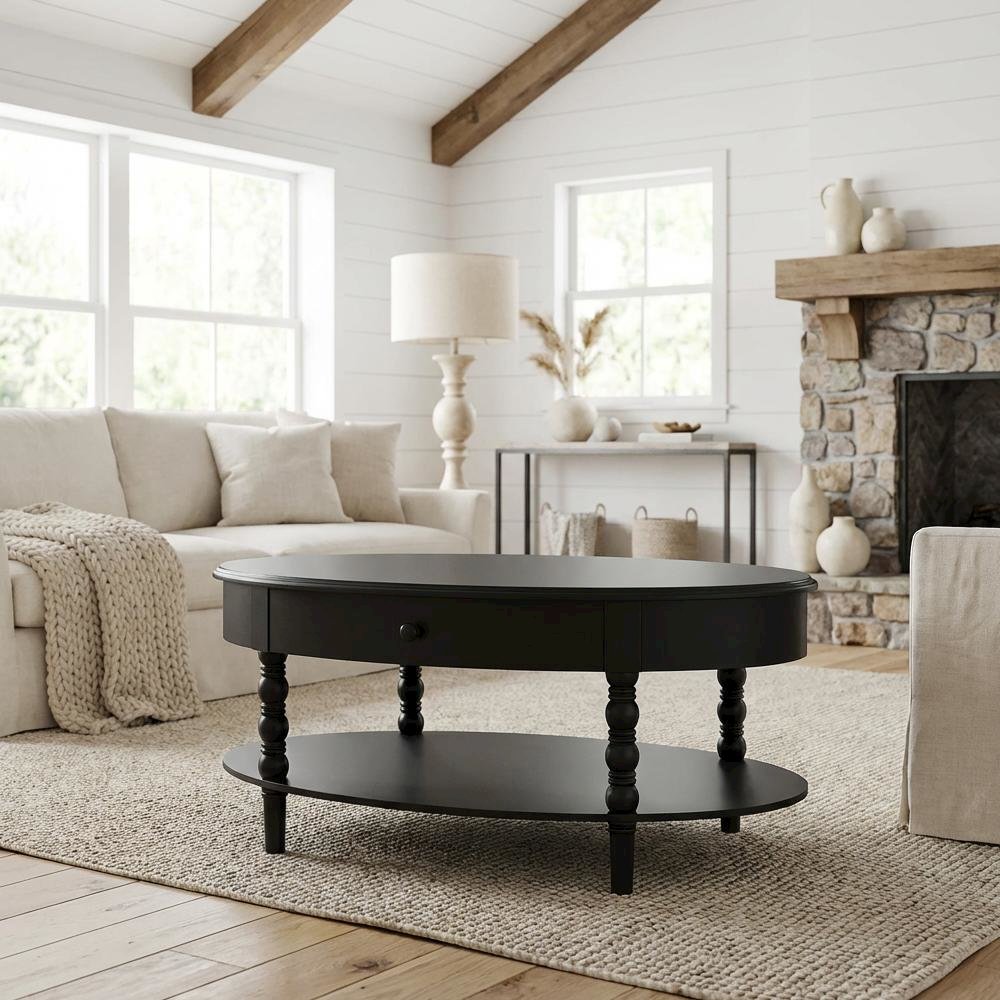 Black Wood 1-Drawer Coffee Table with Spindle Legs and Open Shelf