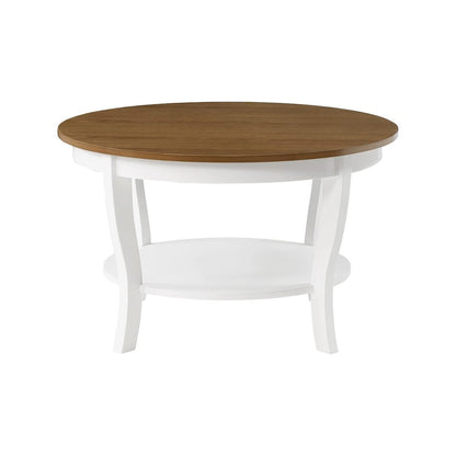 Elegant Brown Round Coffee Table with Shelf, MDF Solid Rubberwood Veneer