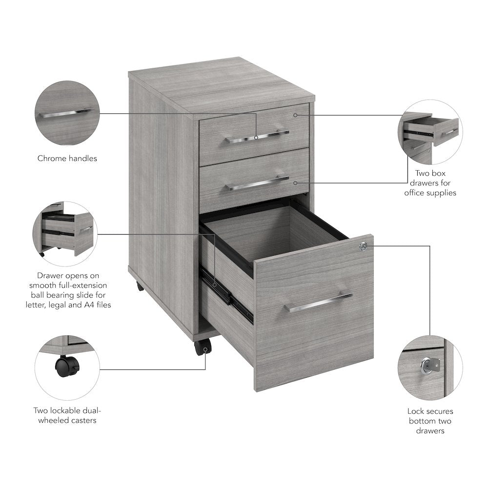 Hustle 3 Drawer Rolling File Cabinet with Lock in Platinum Gray