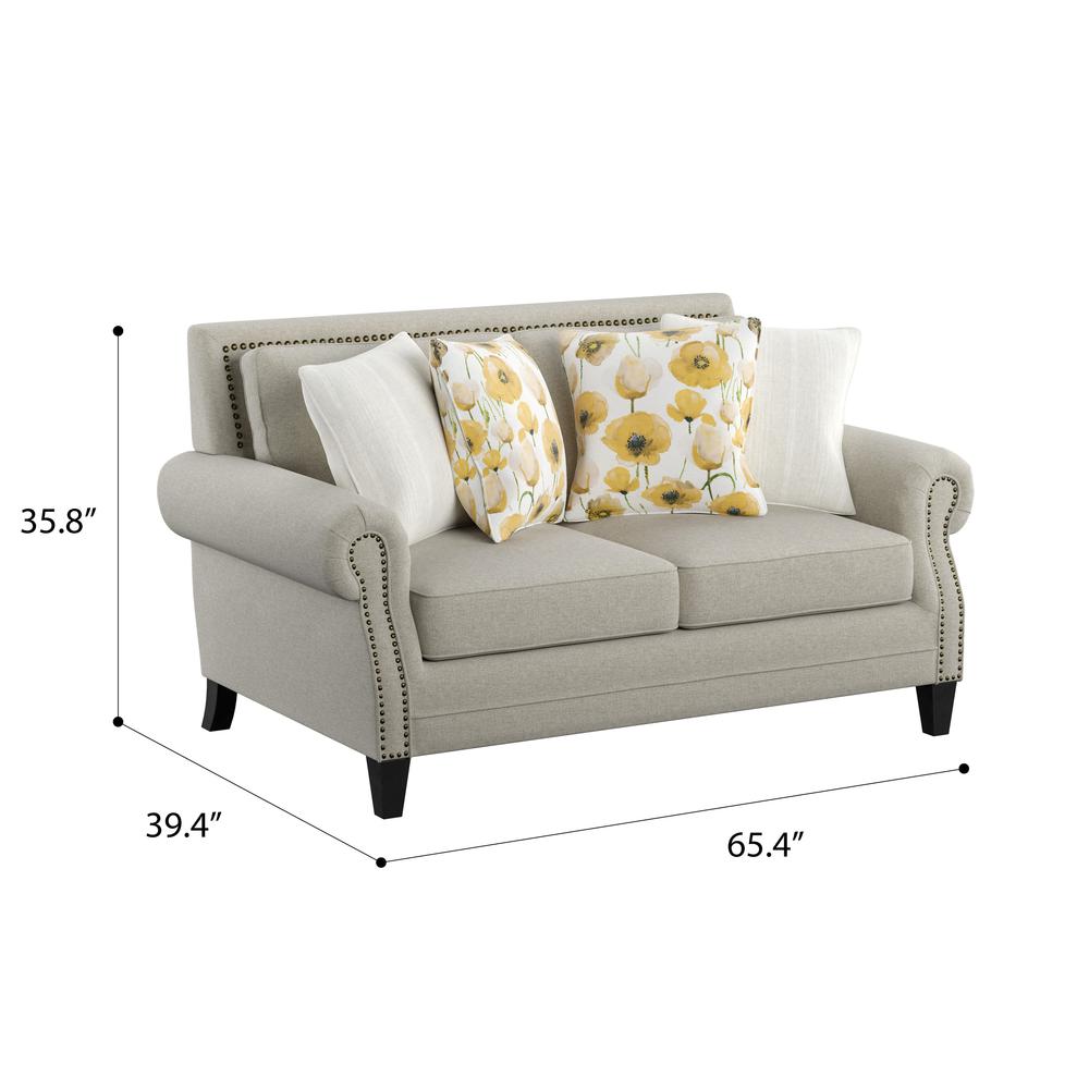 Loveseat with Rolled Arms, Nail Head Trim, And Wood Legs