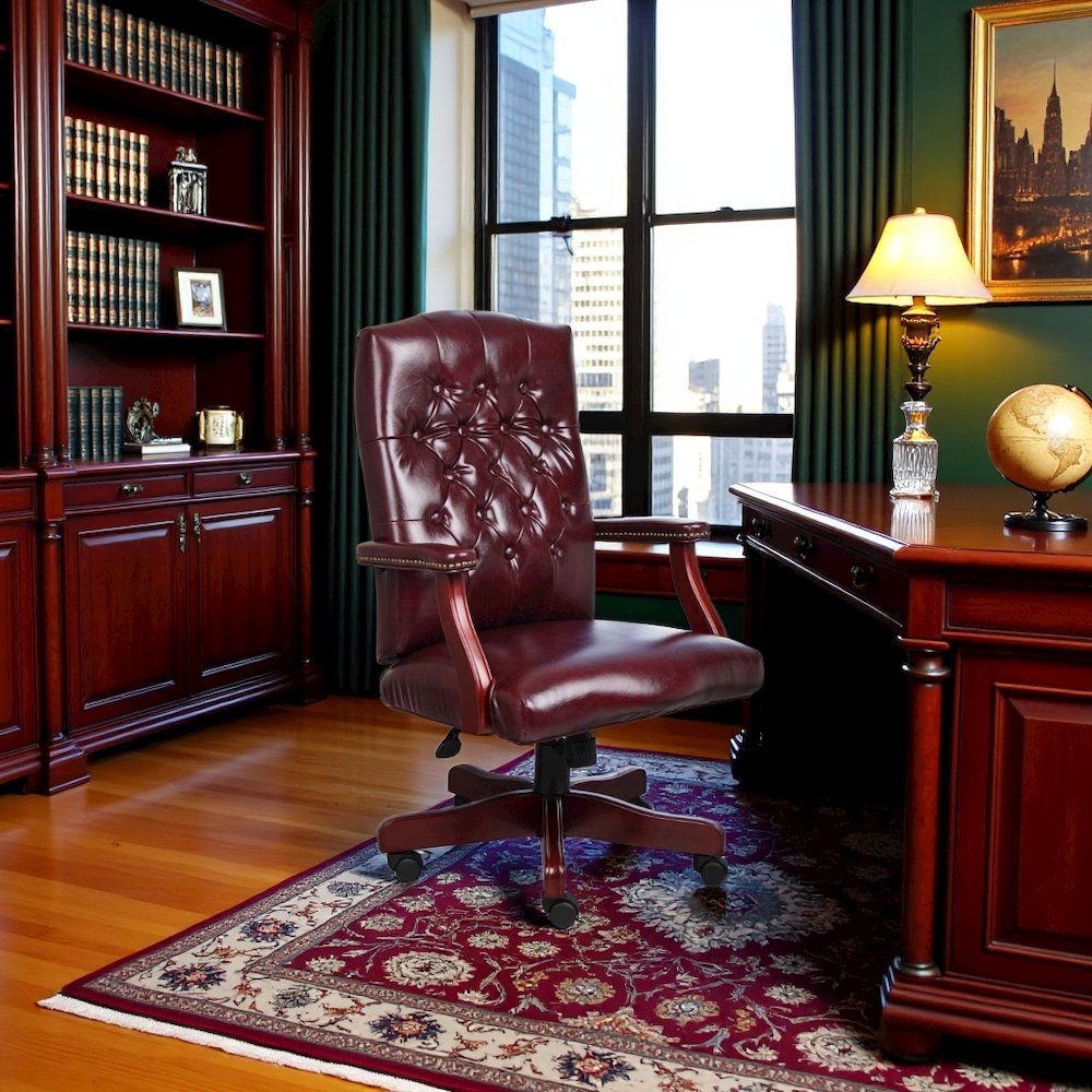 Tufted Executive Desk Chair in Burgundy Faux Leather With Mahogany Base