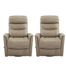 Tan linen swivel glider recliner set with transitional style and plush seating