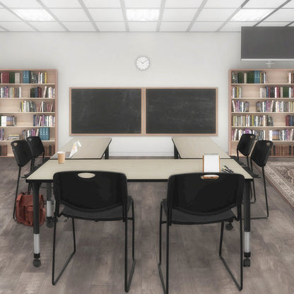 72x24 in. Mobile Adjustable Classroom Table- Maple & 2 Zeng Stack Chairs- Black