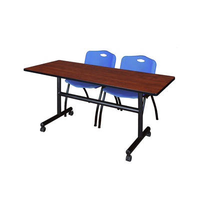 60 x 24 in. Flip-Top Training Nesting Table- Cherry, 2 M Stack Chairs- Blue