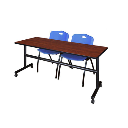 72 x 24 in. Flip-Top Training Nesting Table- Cherry, 2 M Stack Chairs- Blue