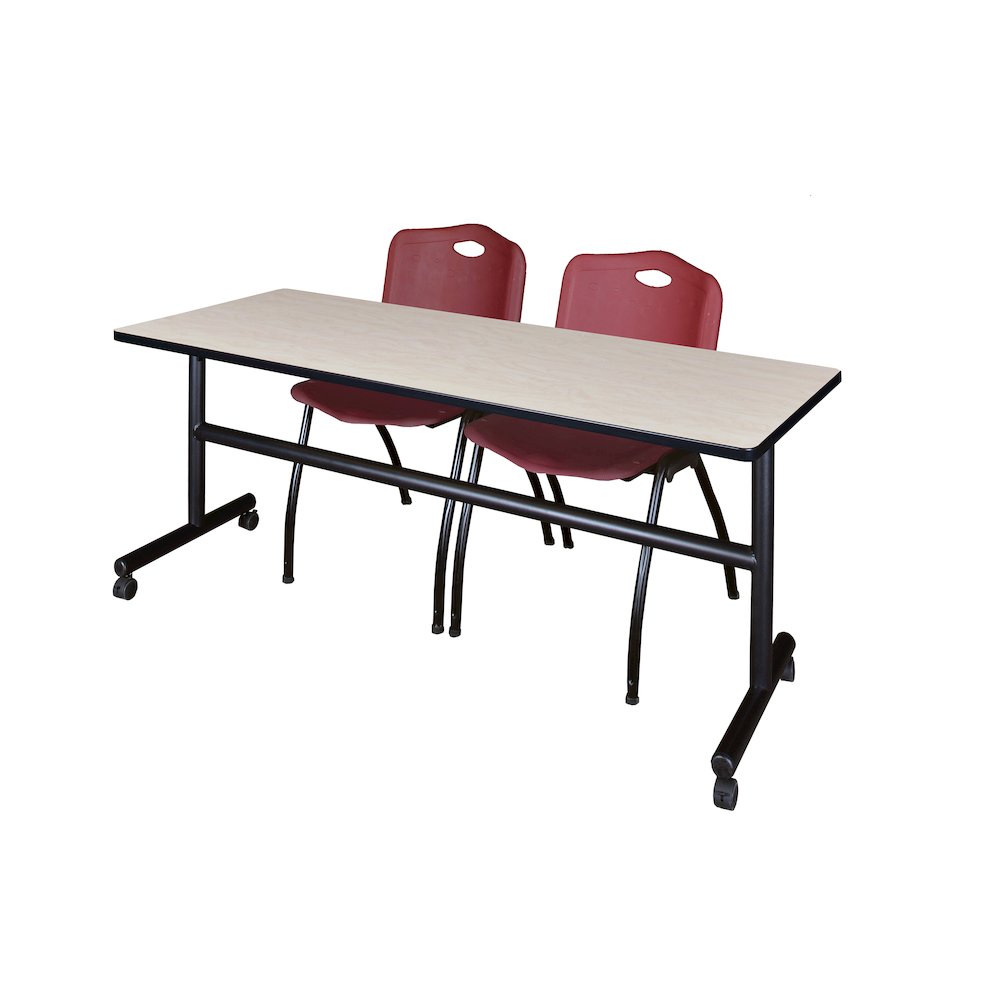 72 x 30 in. Flip-Top Training Nesting Table- Maple, 2 M Stack Chairs- Burgundy