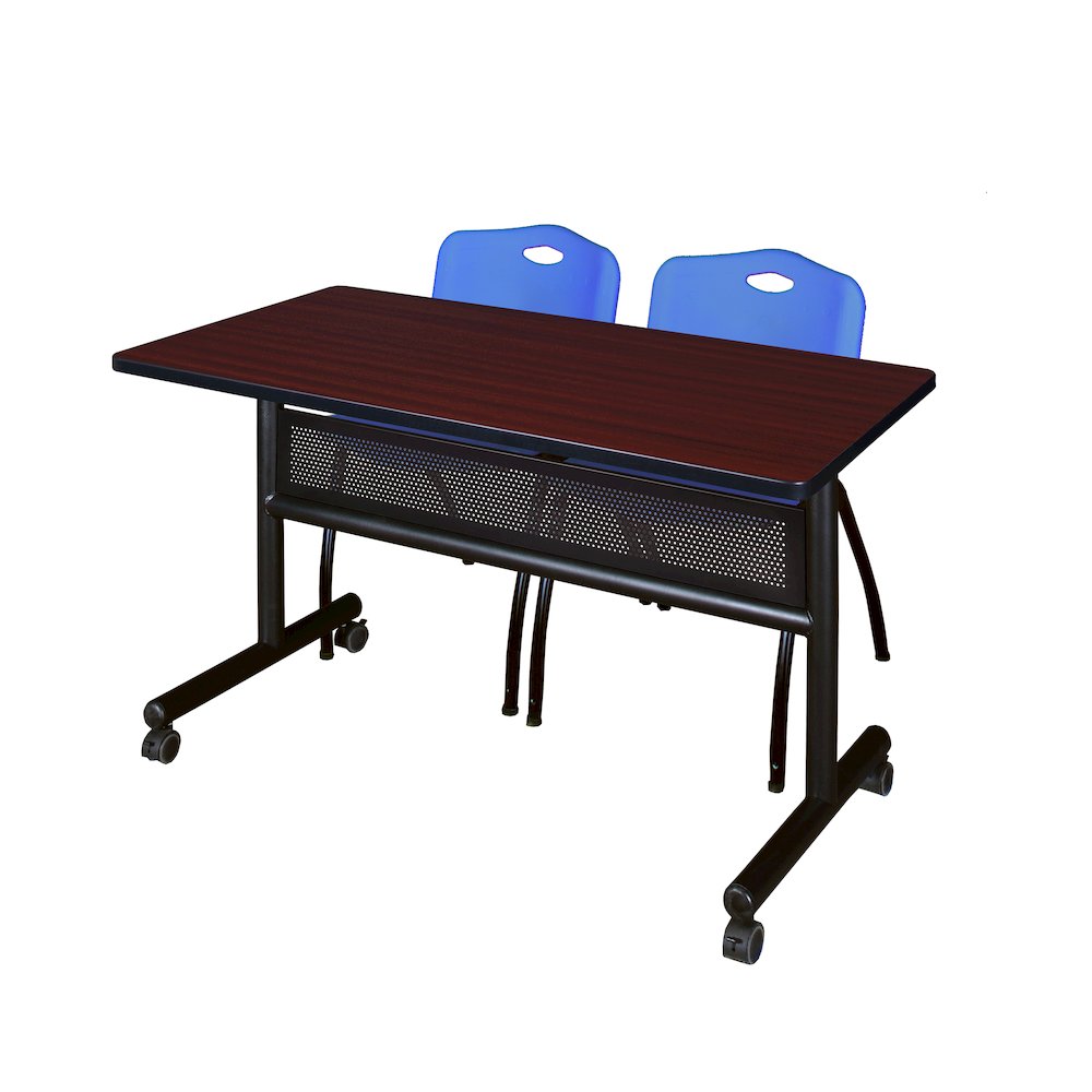 48 x 24 in. Flip-Top Privacy Nesting Table- Mahogany, 2 M Stack Chairs- Blue