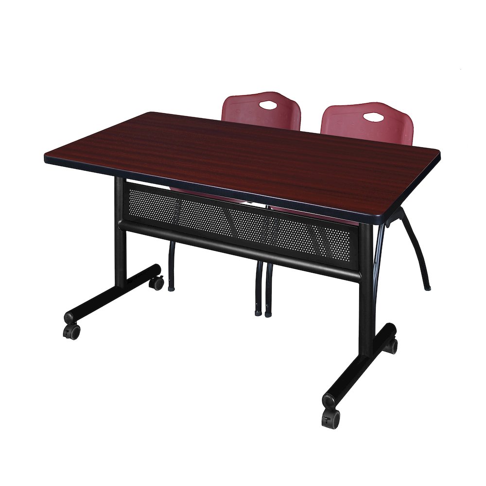 48 x 30 in. Flip-Top Privacy Nesting Table- Mahogany, 2 M Stack Chairs- Burgundy