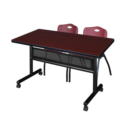 48 x 30 in. Flip-Top Privacy Nesting Table- Mahogany, 2 M Stack Chairs- Burgundy