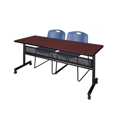 72 x 24 in. Flip-Top Privacy Nesting Table- Mahogany, 2 Zeng Stack Chairs- Blue