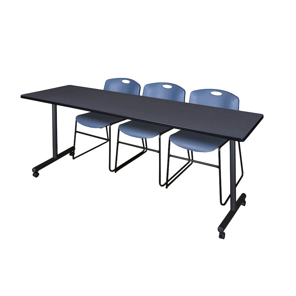 84 x 24 in. Mobile T-Base Training Table- Grey, 2 Zeng Stack Chairs- Blue