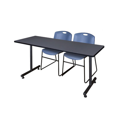 60 x 24 in. T-Base Training Seminar Table- Grey, 2 Zeng Stack Chairs- Blue